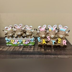 Easter Highland Cow Figurine Set in Pastel Pink and Blue